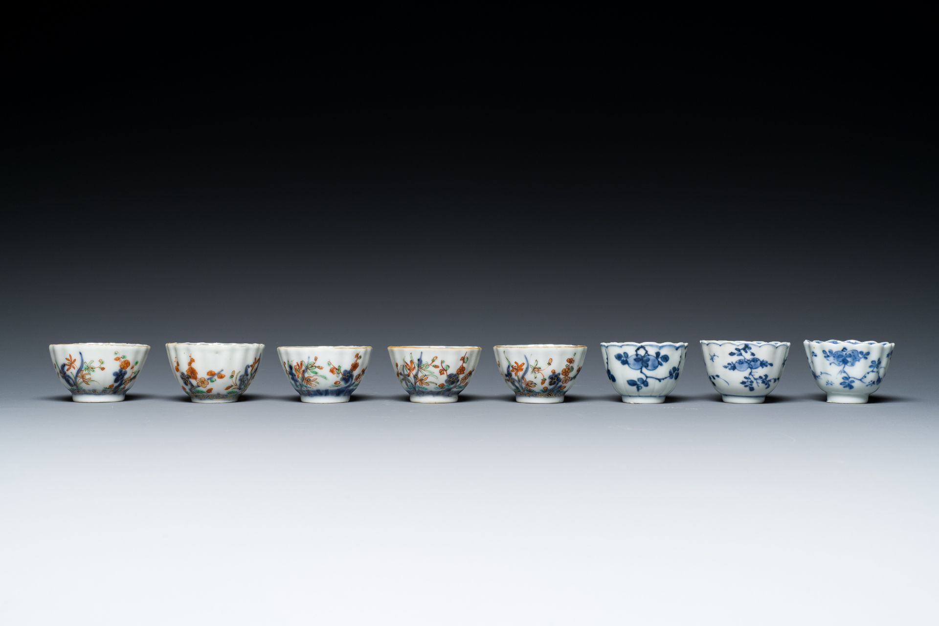 Two Chinese blue and white plates, three cups and saucers and five famille verte cups and saucers, K - Image 4 of 9