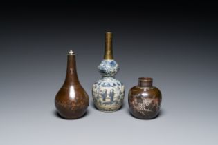 Two Vietnamese copper- and silver-inlaid paktong wares and a Chinese blue and white double gourd vas