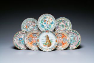 Eght unusual Chinese Canton famille rose plates, 19/20th C.