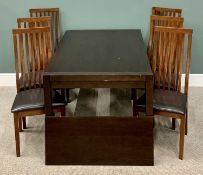 DINING TABLE & SIX CHAIRS - modern dark oak effect extending table, 75cms H, 90cms W, 150cms D (