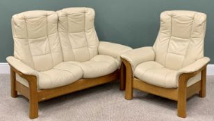 EKORNES, NORWAY RECLINER TWO SEATER SETTEE & ARMCHAIR - both in cream leather and oak, both