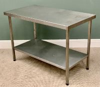 CATERING STAINLESS STEEL TABLE - two tier, 87cms H, 120cms W, 65cms D