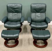 ERKONES STRESSLESS ARMCHAIRS & FOOTSTOOLS - a pair, swivel and reclining in green leather, 99cms