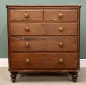 VICTORIAN PINE CHEST - having two short over three long drawers with turned wooden knobs, on