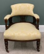 EDWARDIAN TUB CHAIR - upholstered seat and back, on turned supports with castors, 70cms H, 63cms