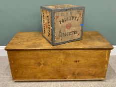 VINTAGE WOODEN BOXES (2) - a lidded wooden blanket chest, 44cms H, 108cms W, 49cms D and an