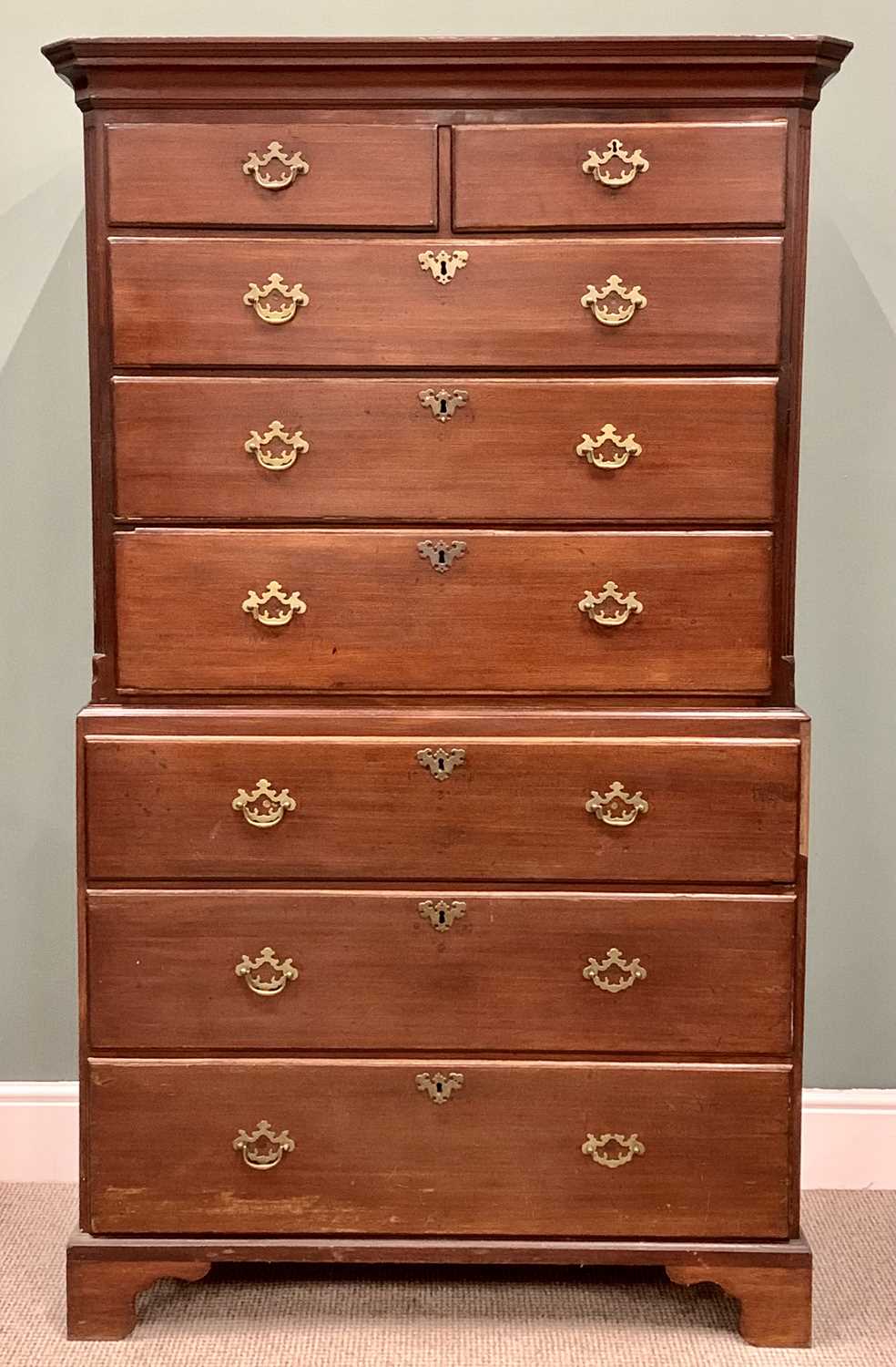 CIRCA 1830 MAHOGANY CHEST ON CHEST - with two short over three long drawers, the base with three