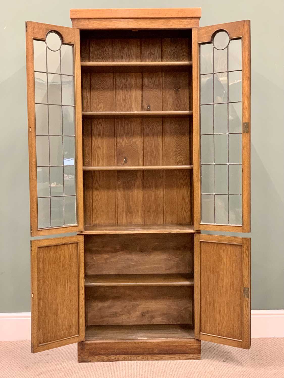 VINTAGE OAK GLAZED TOP BOOKCASE CUPBOARD - slim proportions with leaded glazed upper doors and - Image 2 of 4