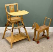 CHILD'S VINTAGE METAMORPHIC HIGH CHAIR, 94cms H, 53cms W, 53cms D and a RIDE-ON WOODEN TROLLEY