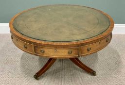 DRUM TOP TABLE (lowered) - a large example with tooled leather effect top and three opening drawers,