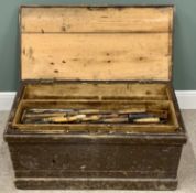 TOOLS - pine tool box containing a variety of woodworking tools