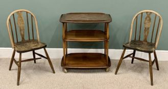 ERCOL VINTAGE THREE TIER TEA TROLLEY - 77cms H, 72cms W, 46cms D and TWO WHEEL & SPINDLEBACK CHAIRS,