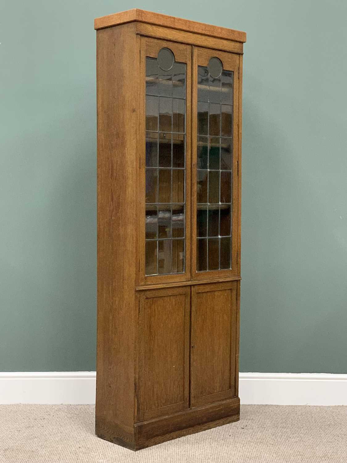 VINTAGE OAK GLAZED TOP BOOKCASE CUPBOARD - slim proportions with leaded glazed upper doors and - Image 3 of 4