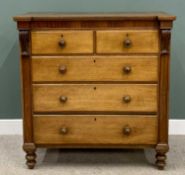 VICTORIAN OAK & MAHOGANY CHEST - having two short over three long drawers with turned wooden