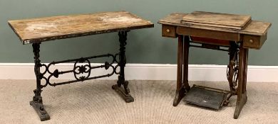 SINGER TREADLE SEWING MACHINE - 79cms H, 88cms W, 42cms D and a CAST IRON BASED WORK TABLE - 73cms