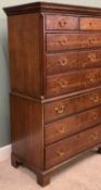 GEORGIAN OAK CHEST ON CHEST - the top having two short over three long drawers with dentil cornice