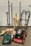 GARDENING & TOOLS - Mountfield petrol lawnmower, model no. SP454, 140cc, a selection of long handled
