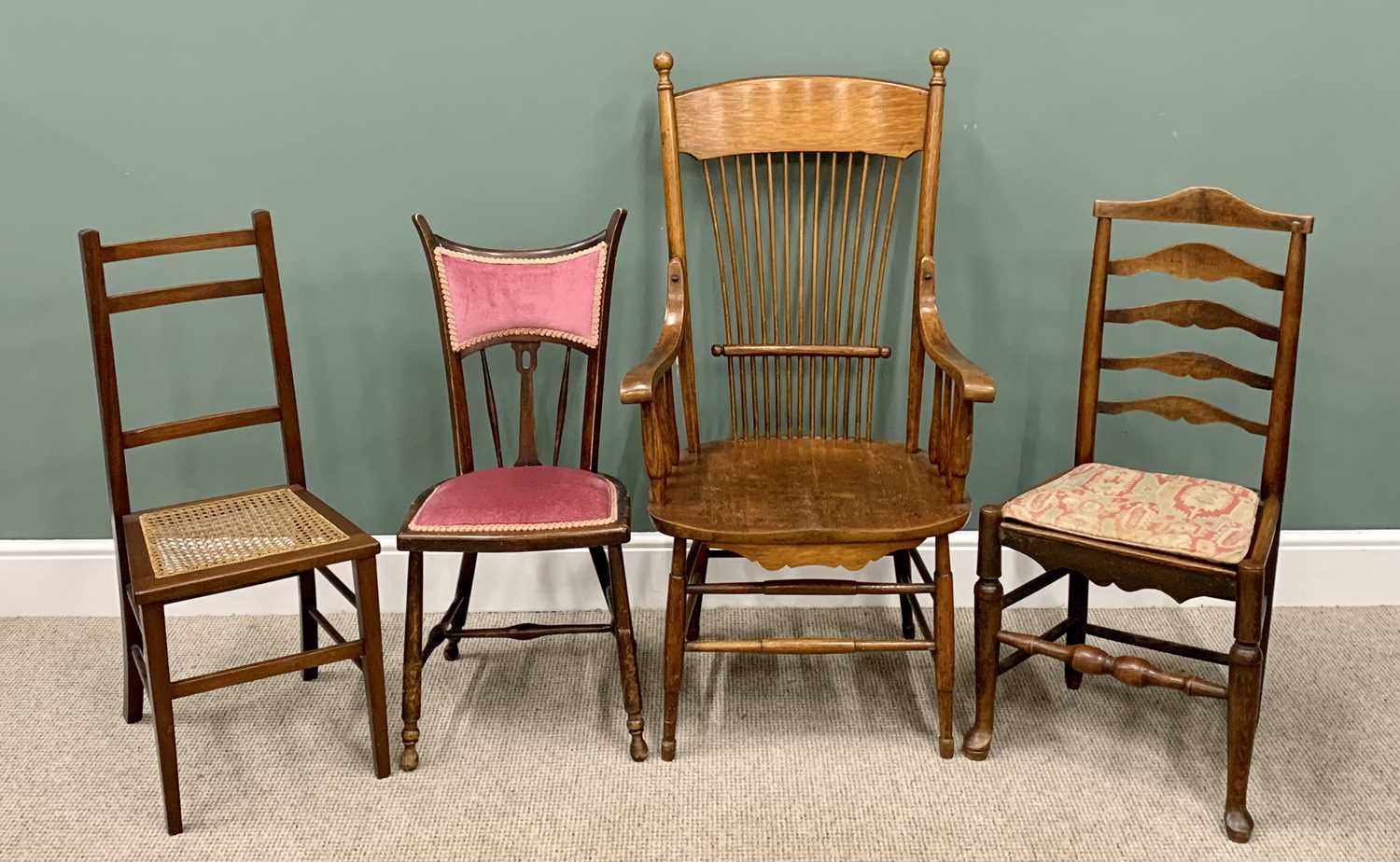FOUR VARIOUS ANTIQUE & VINTAGE CHAIRS - to include a good American oak and ash comb back armchair,