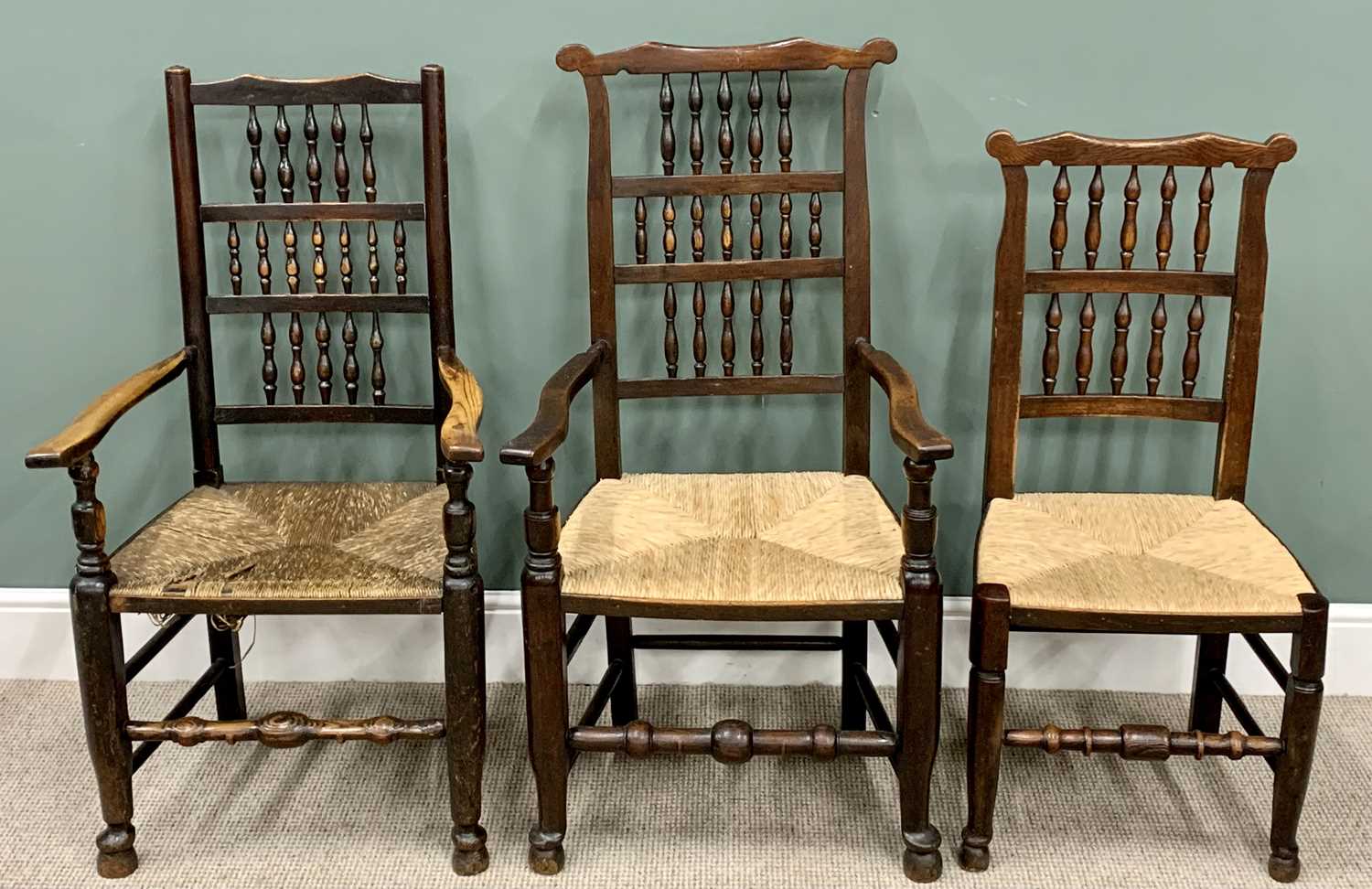 VINTAGE CHAIR ASSORTMENT (8) - elm and rush seated spindleback examples, 112cms H, 60cms W, 45cms - Image 2 of 4