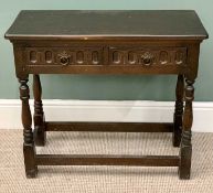 PRIORY STYLE HALL TABLE - having two drawers, on turned and block supports, 70cms H, 77cms W,