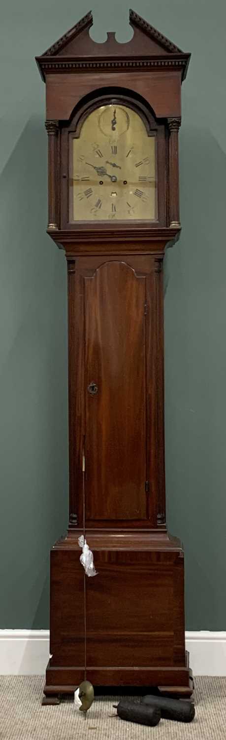 LONGCASE CLOCK - slim cased circa 1840 mahogany, arched brass dial set with Roman numerals,