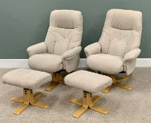ULTRA MODERN PAIR OF COMFORT ARMCHAIRS WITH MATCHING FOOTSTOOLS - upholstered in oatmeal fabric,