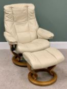 EKORNES, NORWAY STRESSLESS CREAM LEATHER SWIVEL RECLINER & MATCHING FOOTSTOOL - 102cms H, 79cms W,