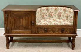PRIORY OAK STYLE HALL TELEPHONE SEAT - having a curved upholstered seat with single lower drawer