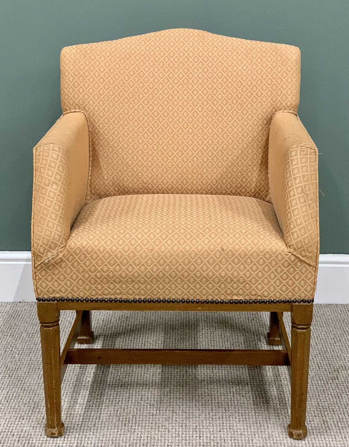 VINTAGE UPHOLSTERED EASY CHAIR - in diamond pattern fabric with shaped back, 87cms H, 63cms W, 44cms