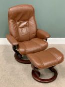 ERKONES STRESSLESS ARMCHAIR & FOOTSTOOL - in brown leather, swivel and reclining chair, 102cms H,