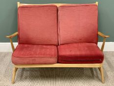 POSSIBLY ERCOL TWO SEATER COUCH - the timber in light elm with red fabric upholstered seat pads,