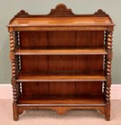 VICTORIAN STYLE MAHOGANY THREE SHELF OPEN BOOKCASE - having railback top and twist column