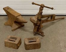 TOOLS - leg vice, two 56lb weights and an anvil, 30cms H, 72cms W, 28cms D