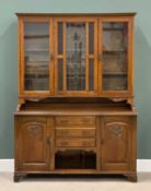 VINTAGE OAK GLAZED TOP SIDEBOARD - coloured leaded glass central panel and twin opening glazed doors