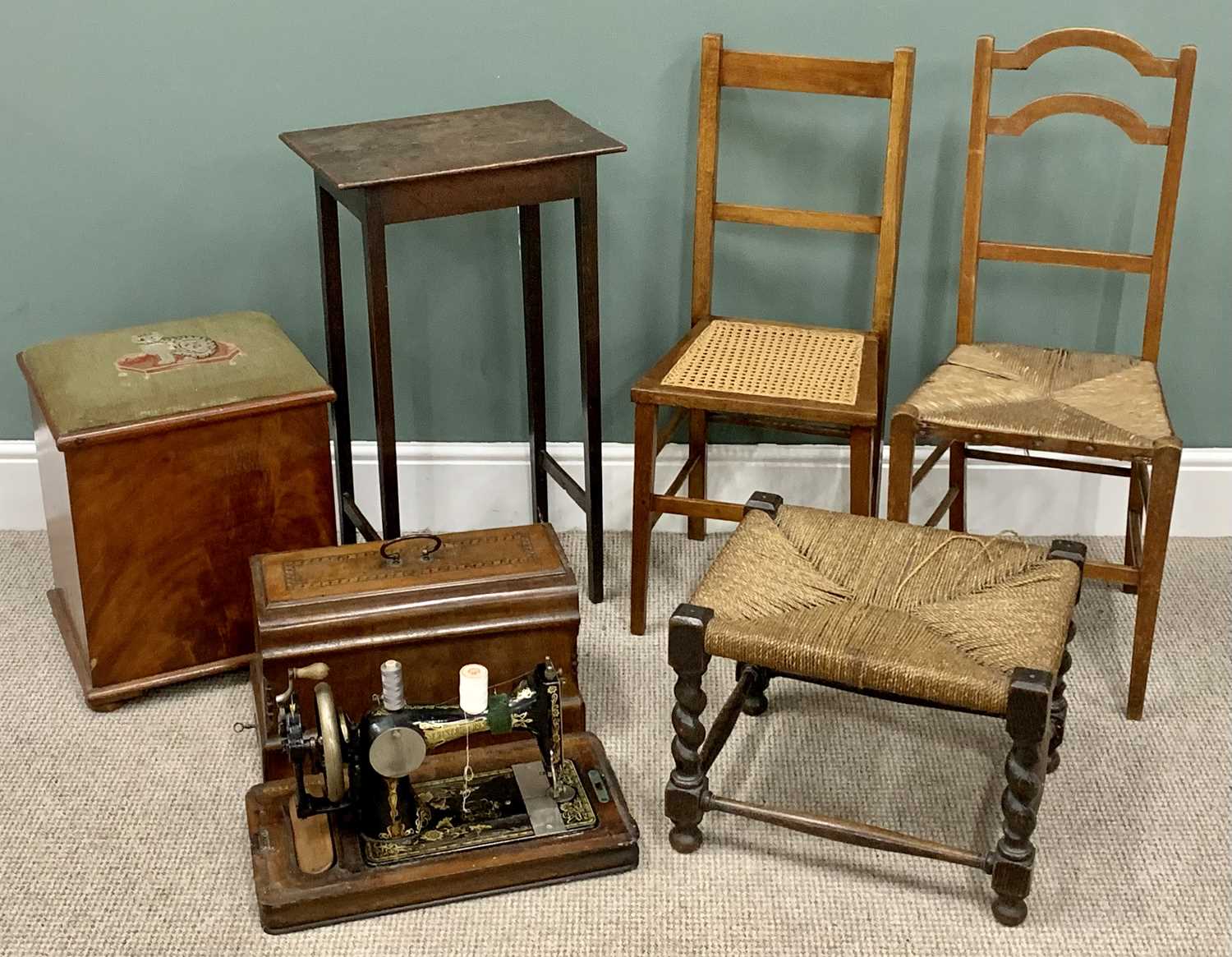 VINTAGE OCCASIONAL FURNITURE ASSORTMENT (6) - Frister & Ross hand crank cased sewing machine, two