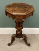 VICTORIAN ROSEWOOD SEWING TABLE - hexagonal top having a fitted interior, segmented column, with