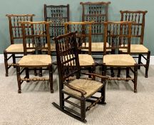 VINTAGE CHAIR ASSORTMENT (8) - elm and rush seated spindleback examples, 112cms H, 60cms W, 45cms