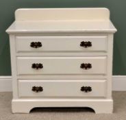 VINTAGE PAINTED RAILBACK CHEST OF THREE DRAWERS - having fancy backplates and swing handles, 89cms