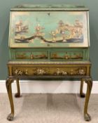 FALL FRONT BUREAU - quality green chinoiserie decorated, highly decorative lacquerwork and gilt