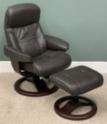 STRESSLESS TYPE SWIVEL & RECLINING EASY CHAIR WITH MATCHING FOOTSTOOL - "John Lewis" label, dark