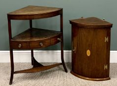 VICTORIAN MAHOGANY CORNER WHATNOT - two tiers with central drawers and base stretcher, on splayed