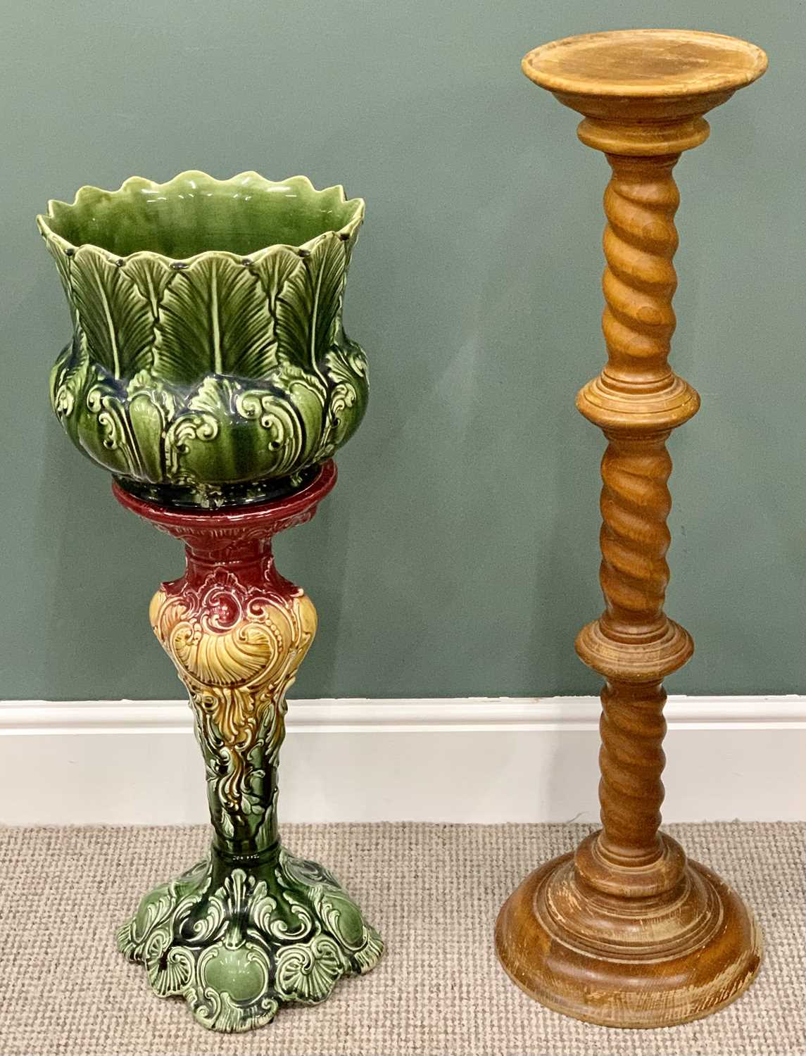 MAJOLICA POTTERY JARDINIERE & STAND - 84cms H and a pine twist column TORCHERE - 98cms H, 22cms - Image 2 of 2