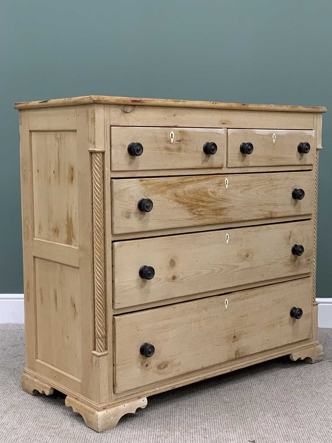 VICTORIAN STRIPPED PINE CHEST - having two short over three long drawers with turned ebony knobs and - Image 2 of 4