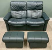 ERKONES STRESSLESS BLUE LEATHER SETTEE & PAIR OF MATCHING BRAND GREEN LEATHER BOX SEAT