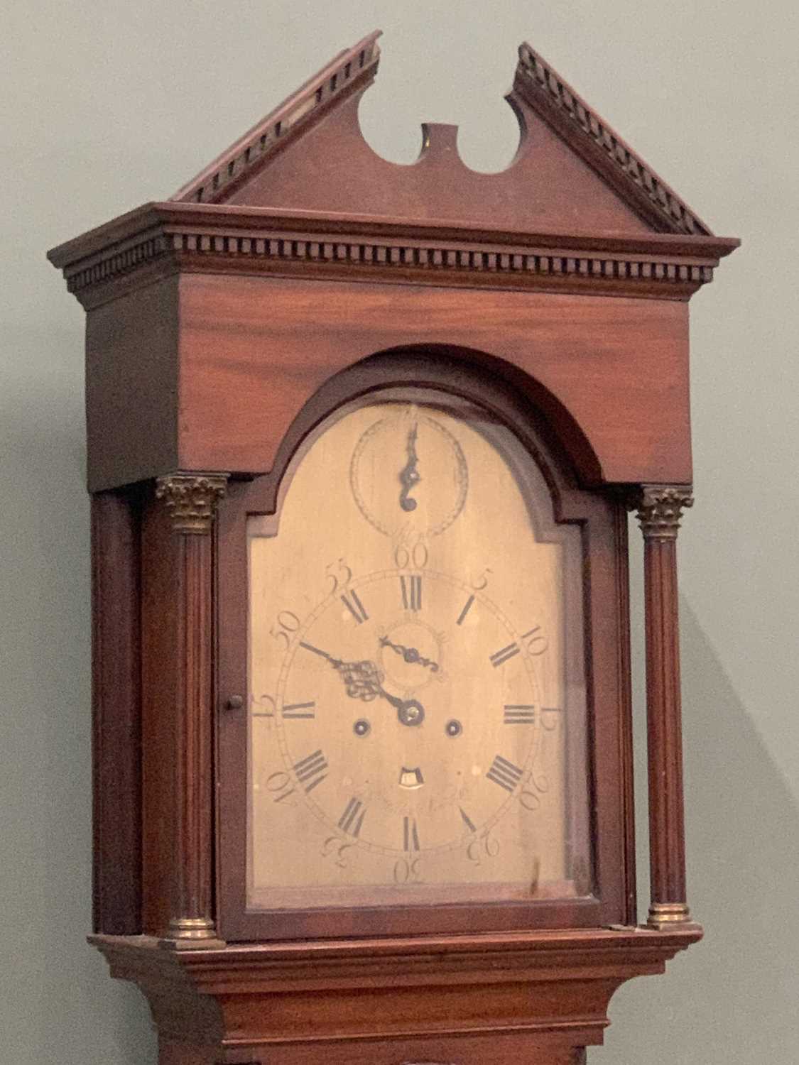 LONGCASE CLOCK - slim cased circa 1840 mahogany, arched brass dial set with Roman numerals, - Image 2 of 9