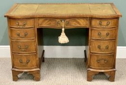 REPRODUCTION WALNUT TWIN PEDESTAL DESK - having a tooled green leather effect top, serpentine front,