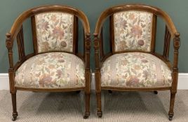 VICTORIAN MAHOGANY TUB CHAIRS - a pair, with inlaid detail, floral upholstered seats and backs, on