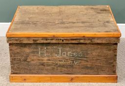 VINTAGE PINE LIDDED SEA CHEST - with iron carry handles, marked "H Jones, Sydney", 47cms H, 92cms W,