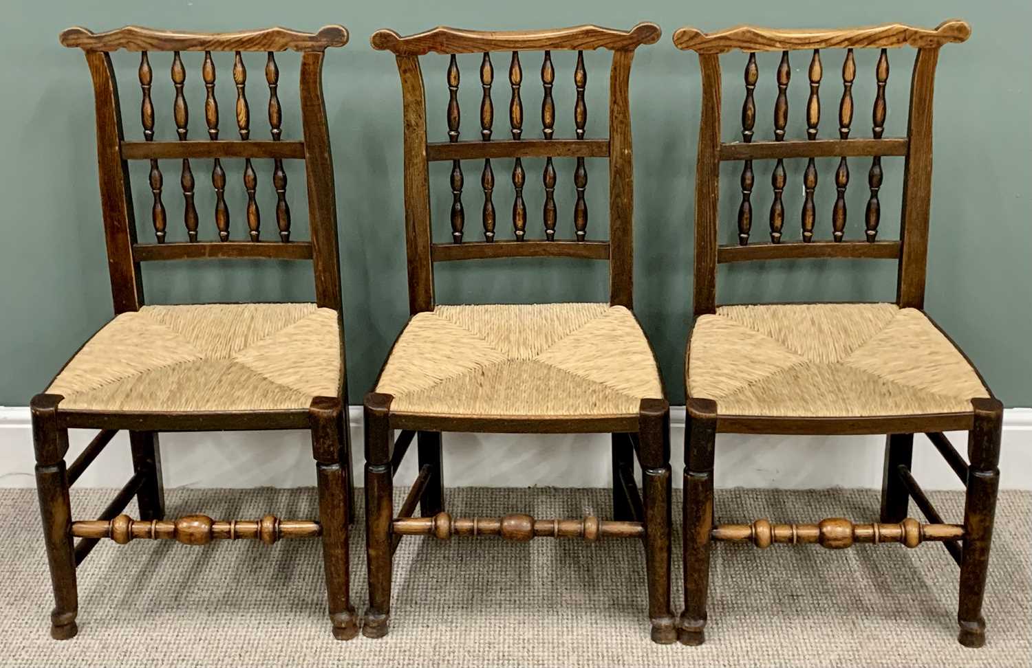 VINTAGE CHAIR ASSORTMENT (8) - elm and rush seated spindleback examples, 112cms H, 60cms W, 45cms - Image 3 of 4