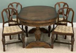 VINTAGE OAK DINING TABLE & CHAIRS - oval topped draw leaf with carving on bulbous supports, 79cms H,